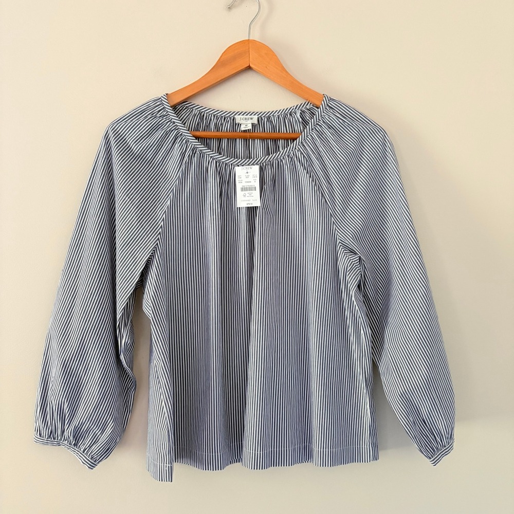 J.Crew Blouse Raglan Balloon Sleeve M Blue White Striped Coastal Preppy